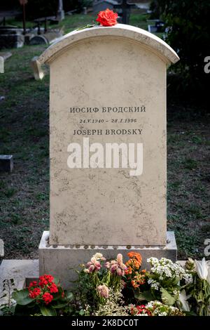 Das Grab des russischen Dichters Joseph Brodsky auf dem Friedhof von San Michele in der Lagune von Venedig Stockfoto