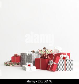 3D Illustration von vielen Geschenkschachteln über den weihnachtstag isoliert auf weißem Hintergrund Stockfoto