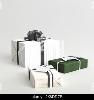3D Illustration von vielen Geschenkschachteln über den weihnachtstag isoliert auf weißem Hintergrund Stockfoto