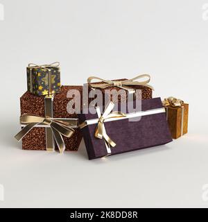 3D Illustration von vielen Geschenkschachteln über den weihnachtstag isoliert auf weißem Hintergrund Stockfoto