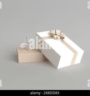 3D Illustration von vielen Geschenkschachteln über den weihnachtstag isoliert auf weißem Hintergrund Stockfoto