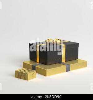 3D Illustration von vielen Geschenkschachteln über den weihnachtstag isoliert auf weißem Hintergrund Stockfoto