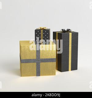 3D Illustration von vielen Geschenkschachteln über den weihnachtstag isoliert auf weißem Hintergrund Stockfoto