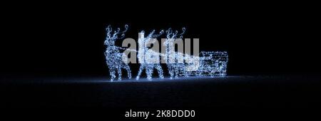 3D Illustration einer Rikscha-Lampe mit vier Rentieren, die am heiligabend leuchtet Stockfoto
