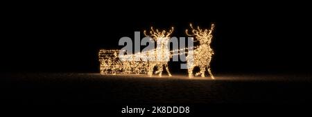 3D Illustration einer Rikscha-Lampe mit vier Rentieren, die am heiligabend leuchtet Stockfoto