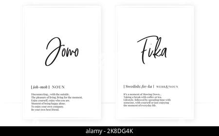 Definition von Fika und jomo, minimalistische Wortwahl Design, Wanddekor, Wandtattoo Vektor, Beschreibung des Fika-Substantivs, Wortings Design, Lettering Design, Art Dec Stock Vektor