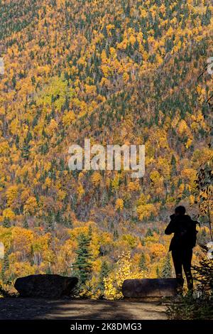 Schwarze Silhouette eines Fotographen vor einer farbigen Waldlandschaft am Aussichtspunkt des Rivain-Pfades im Parc des Hautes-Gorges-de-la-Malbaie Stockfoto