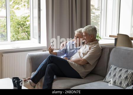 Glückliches älteres Paar machen Videoanruf mit Handy-Anwendung Stockfoto