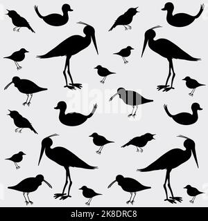 Silhouette von flachen handgezeichneten Vögeln. Schwarz-weiß Doodle Vogel nahtlose Muster. Stock Vektor