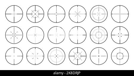 Verschiedene Scharfschützengewehr Visiere, Waffe optischen Scope Fadenkreuz. Sucher für Jagdwaffen. Symbol für das Aufschießzeichen, zielen. Militärisches Zielschild. Spieloberfläche Stock Vektor