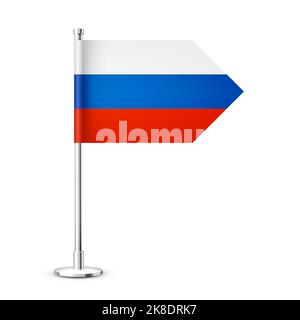 Realistische russische Tischflagge auf einem verchromten Stahlmast. Souvenir aus Russland. Tischfahne aus Papier oder Stoff und glänzendem Metallständer. Modell für Stock Vektor