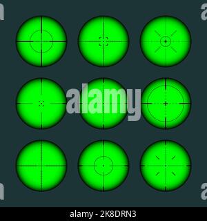 Verschiedene Waffen Nachtsicht, Scharfschützengewehr optische Scopes. Jagdgewehr-Sucher mit Fadenkreuz. Ziel, schießen Marke Symbol. Militärisches Zielschild Stock Vektor