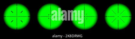 Verschiedene Waffen Nachtsicht, Scharfschützengewehr optische Scopes. Jagdgewehr-Sucher mit Fadenkreuz. Ziel, schießen Marke Symbol. Militärisches Zielschild Stock Vektor