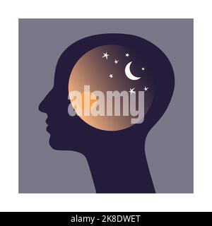 Kopf Silhouette mit Tag und Nacht Symbole. Konzept des zirkadianen Rhythmus. Stock Vektor