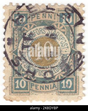 FINNLAND - UM 1866: Ein 10 Pennia stumpf blau und Bronze Local Post Stempel mit ovalen Ziffern. Helsingfors (Helsinki) Stockfoto