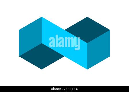 Blaues Infinity-Symbol aus Würfeln. Geometrisches rechteckiges ewiges Zeichen. 3D isometrische Projektion. Zwei Würfel verbunden. Sechseckige Logo-Vorlage. Vektor Stock Vektor