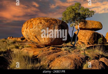 Devils Marbles, Karlu Karlu, in der Nähe von Tennant Creek, in der Abendsonne, Northern Territory, Australien Stockfoto