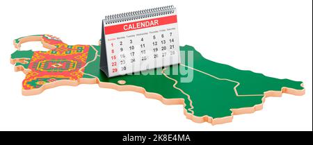 Tischkalender auf der Karte von Turkmenistan. 3D Darstellung isoliert auf weißem Hintergrund Stockfoto
