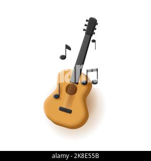 Gitarre 3D Illustration mit Noten, klassische Volumenform, isoliert Stock Vektor