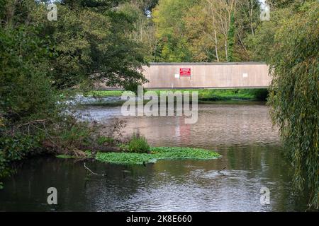 Denham, Uxbridge, Großbritannien. 22.. Oktober 2022. Eine temporäre Brücke aus dem Jahr HS2 über den Fluss Colne im Colne Valley Park ist erhalten geblieben. Als dies in Kraft gesetzt wurde HS2 fiel eine Reihe von Bäumen, obwohl die Brücke nur vorübergehend. Die Phase 1 des Projekts HS2 liegt laut Berichten deutlich über dem Budget, und das Finanzministerium hat eine finanzielle Überprüfung beantragt. Umweltschützer setzen ihren Kampf für die Annullierung von HS2 fort. Quelle: Maureen McLean/Alamy Live News Stockfoto