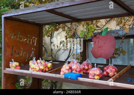 Bodensee-Äpfel, verschiedene Apfelsorten, Verkaufsstelle im Auto- und Traktormuseum, Jaegerhof, Kasse, Geldeinwurf Stockfoto