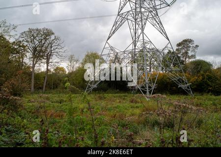 Denham, Uxbridge, Großbritannien. 22.. Oktober 2022. HS2 schloss einen beliebten Fußweg im Colne Valley Park, als sie Bäume fällten und Strommasten für die High Speed 2-Bahn bewegten. Es sollte diesen Monat wieder eröffnet werden, aber es bleibt weiterhin geschlossen. Die Strommasten wurden nun verlegt, aber HS2 haben weiterhin einen Teil des Gebiets abgezäunt und einen Kommandowagen zur Videoüberwachung von Personen, die am Standort vorbeifahren, zur Verfügung gestellt. Umweltschützer setzen ihren Kampf für die Annullierung von HS2 fort. Quelle: Maureen McLean/Alamy Live News Stockfoto