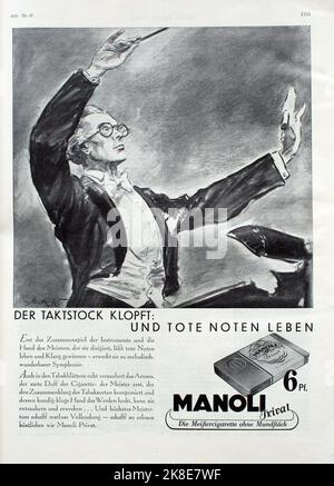 Anzeige der Manoli Zigarettenfabrik Berlin aus dem Jahr 1933 für Zigaretten der Marke 'Manoli privat', die „Meisterzigarette ohne Mundstück“, gestaltet von Theo Matejko (1893-1946). Anzeige der Manoli Zigarettenfabrik, Berlin, von 1933 für ihre Marke 'Manoli privat', entworfen von Theo Matejko (1893-1946) Stockfoto