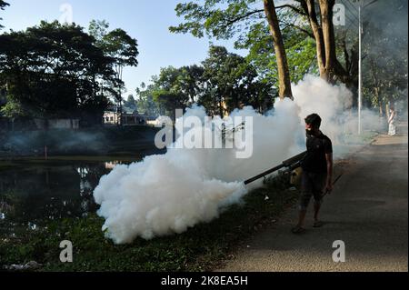 Non Exclusive: 22. Oktober 2022, Sylhet, Bangladesch: Ein Mitarbeiter der Sylhet City Corporation sprüht Moskitoabwehrmittel in der 8.-Nummernabteilung von Sylhet. o Stockfoto