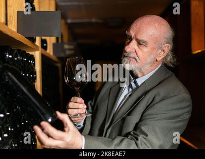 Älterer Mann im Weinkeller mit Flaschen im Hintergrund, der Wein trinkt und verkostet. Stockfoto