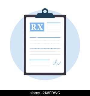 Medizinisches Notizblock. Rezept für Pillen in der Zwischenablage. Dokumentensymbol für das Gesundheitswesen. Apothekenkontrolle. Vektor-Illustration im flachen Cartoon-Stil Stock Vektor