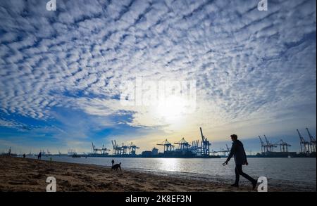 Hamburg, Deutschland. 23. Oktober 2022. Spaziergänger sind am Strand von Övelgönne an der Elbe vor der Silhouette des Hafens. Quelle: Christian Charisius/dpa/Alamy Live News Stockfoto