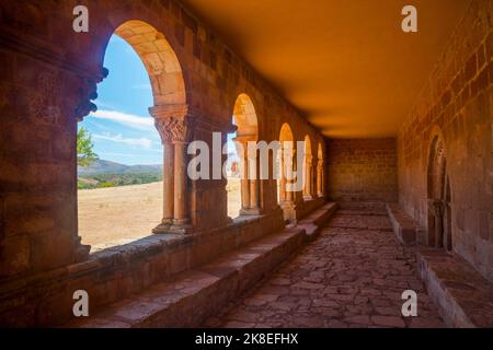 Atrium der Kirche Santa Maria de Tiermes. Montejo de Tiermes, Provinz Soria, Castilla Leon, Spanien. Stockfoto