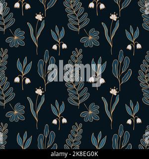 Muster Luxus Blumen Doodle blau und Gold Farbe auf dunklem Hintergrund. Vektorgrafik Stock Vektor