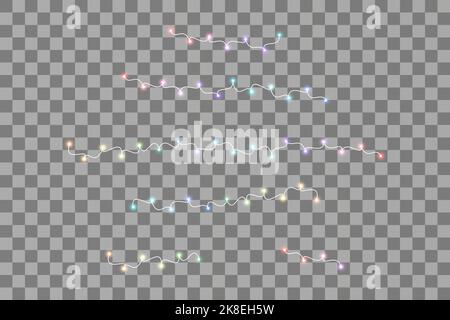 Set von bunten Girlanden, Weihnachtsdekorationen Lichter Effekte. Isolierte Vektordesign-Elemente. Glühende Lichter für Weihnachten Weihnachtsgrußkarten Design Stock Vektor