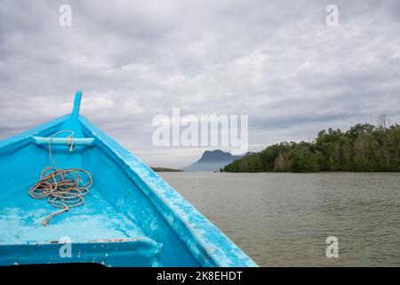 Nehmen Sie die Fähre zum Bako Nationalpark durch Sungai Tabo. Gegründet 1957, ist es der älteste Nationalpark in Sarawak Malaysia. Stockfoto