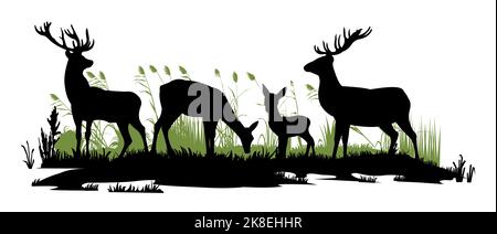 Wilde Tiere. Silhouette Figuren. Lichtung im Sumpf. Gras und Schilf. Isoliert auf weißem Hintergrund. Vektor Stock Vektor