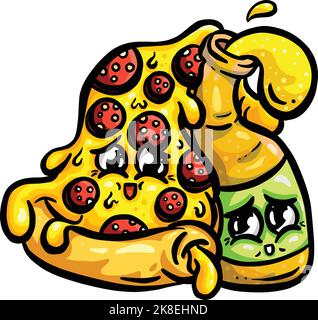 Pizza Slice Maskottchen Logo Design nette Figur mit einer Bierflasche Stock Vektor