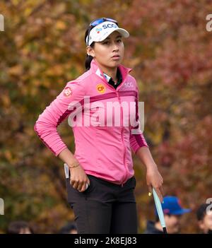 Wonju, Südkorea. 22. Oktober 2022. Atthaya Thitikul aus Thailand blickt am 22. Oktober 2022 im Oak Valley Country Club in Wonju, Südkorea, beim Finallauf der BMW Ladies Championship auf das Grün der 2.. (Foto: Lee Young-ho/Sipa USA) Quelle: SIPA USA/Alamy Live News Stockfoto