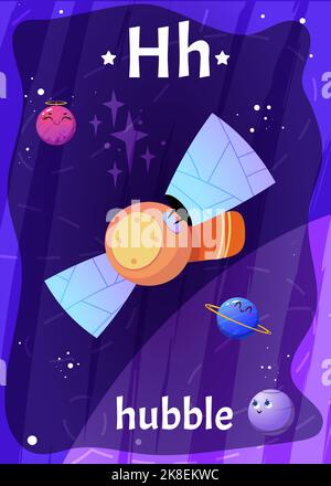 Bedruckbare Space Alphabet Flashcard mit H. Cartoon hubble Weltraumteleskop, Planeten und englischem Wort auf Flash-Karte für die Kindererziehung. Kinderkarten für den Unterricht Lesen in Kindergarten, Schule. Stock Vektor