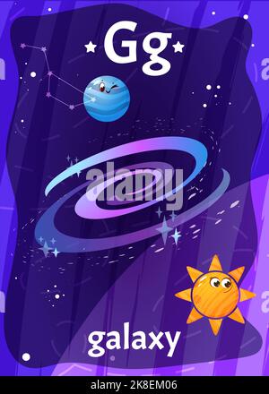 Druckbare Raum Alphabet-Flashkarte mit Buchstabe G. Cartoon Galaxie kosmisch, Planeten und englisch Wort auf Flash-Karte für Kinder Bildung. Kinderkarten für den Unterricht im Kindergarten oder in der Vorschule. Stock Vektor