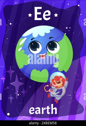 Druckbare Raum Alphabet Flashcard mit Buchstabe E. Cartoon nette Erde und Astronaut mit englischem Wort auf Flash-Karte für Kinder Bildung. Kinderkarten für den Unterricht im Kindergarten oder in der Vorschule. Stock Vektor