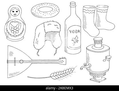 Russische Set Grafik schwarz weiß isoliert Skizze Illustration Vektor Stock Vektor