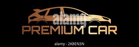 Goldenes Logo mit modernem Auto. Premium-Luxus-Pflege, Autowerkstatt, Autowäsche, Detaillierung. Vektorgrafik. Stock Vektor