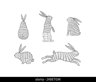 Handgezeichnete Stil Linie Zeichnung Illustration Set von Kaninchen in verschiedenen Posen Stock Vektor
