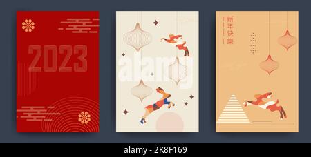 Set von Hintergründen, Grußkarten, Plakate, Feiertage deckt Happy New Chinese Year of the Rabbit. Minimalistischer Stil, Strichkunst. Chinesische Übersetzung - Stock Vektor
