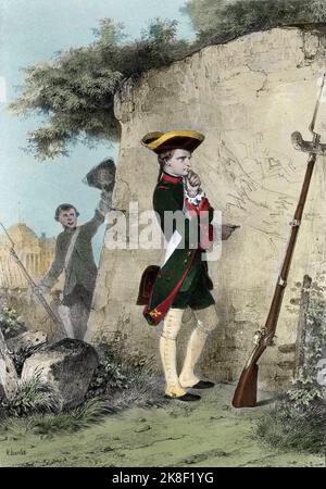 Napoleon Bonaparte in der Militärschule in Brienne - Napoleon Ier Bonaparte (1769 - 1821) a l'ecole militaire de Brienne en 1783. Gravure de Charlet du 19eme siecle. Stockfoto