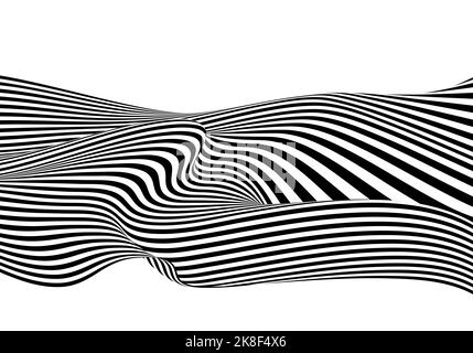 Abstrakte schwarz-weiße Op Art Linien Muster Wirbel gewellte Vorlage. Artwork Design isolierter Hintergrund. Abbildung Stock Vektor