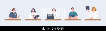 Zeichen für die Krankenhausaufnahme. Medizinisches Personal, Ärzte, Krankenschwestern und Verwaltungsangestellte. Wohnung Klinik oder Schönheitssalon Menschen, Gesundheitswesen Gastgeberin Wohnung Stock Vektor