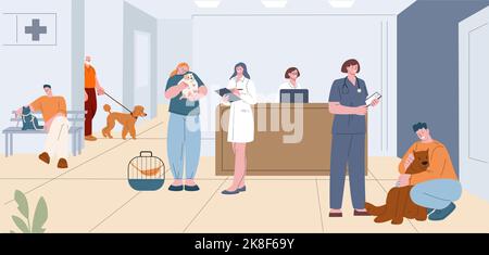 Tierklinik Lage mit Besitzer Hunde, Katzen, Hamster. Tierarzt Ärzte und Menschen mit Haustieren, Tierarzt Beratung. Unterstützung und Pflege von Tieren Stock Vektor