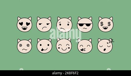 Emotionale Katzen Gesichter, Avatare. Niedliches Katzenportrait in verschiedenen Ausdrücken. Lustig lachen, schlafen, Gesicht küssen, Vektor-Kätzchen Aufkleber Stock Vektor
